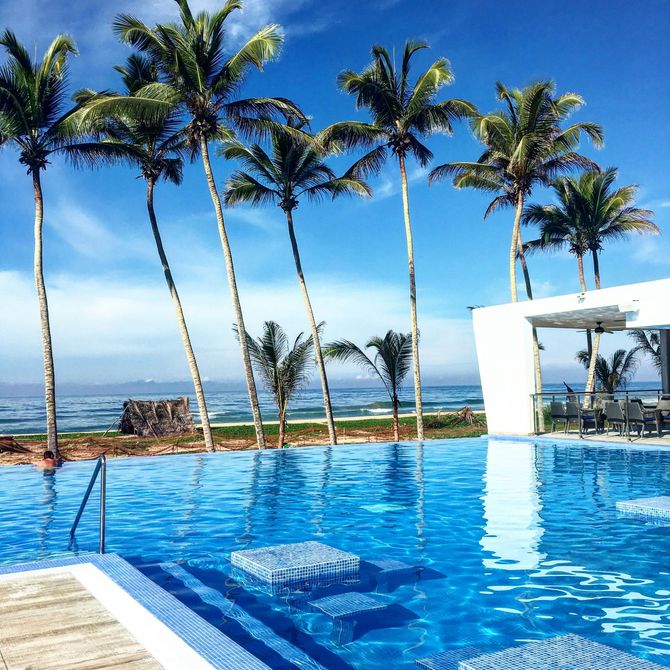 Tropical resort pool with palm trees and ocean view under a clear blue sky