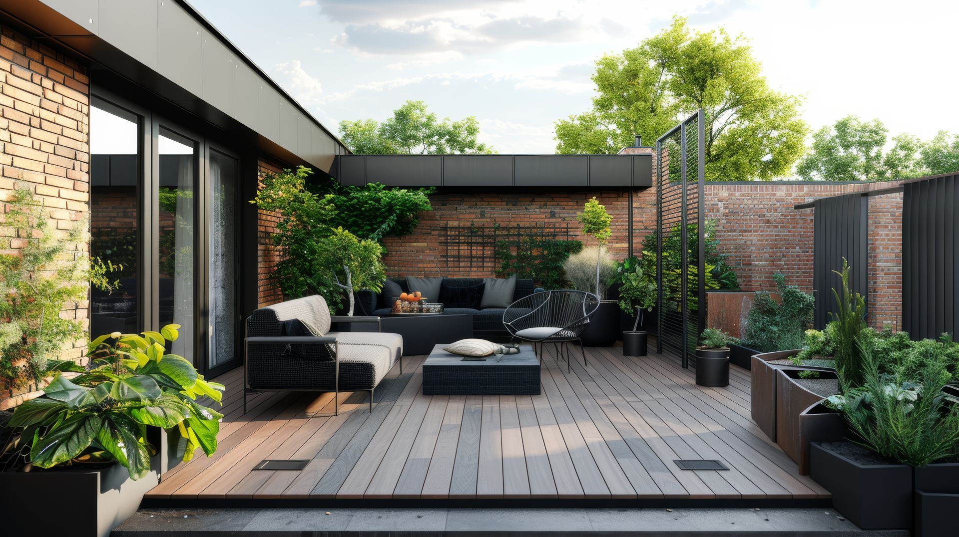 A modern outdoor patio featuring a wooden deck, black lounge furniture, a central coffee table, and lush potted greenery.