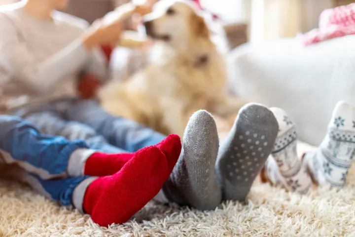 Children’s feet in red, gray, and white socks resting on a fluffy rug with a dog in the background