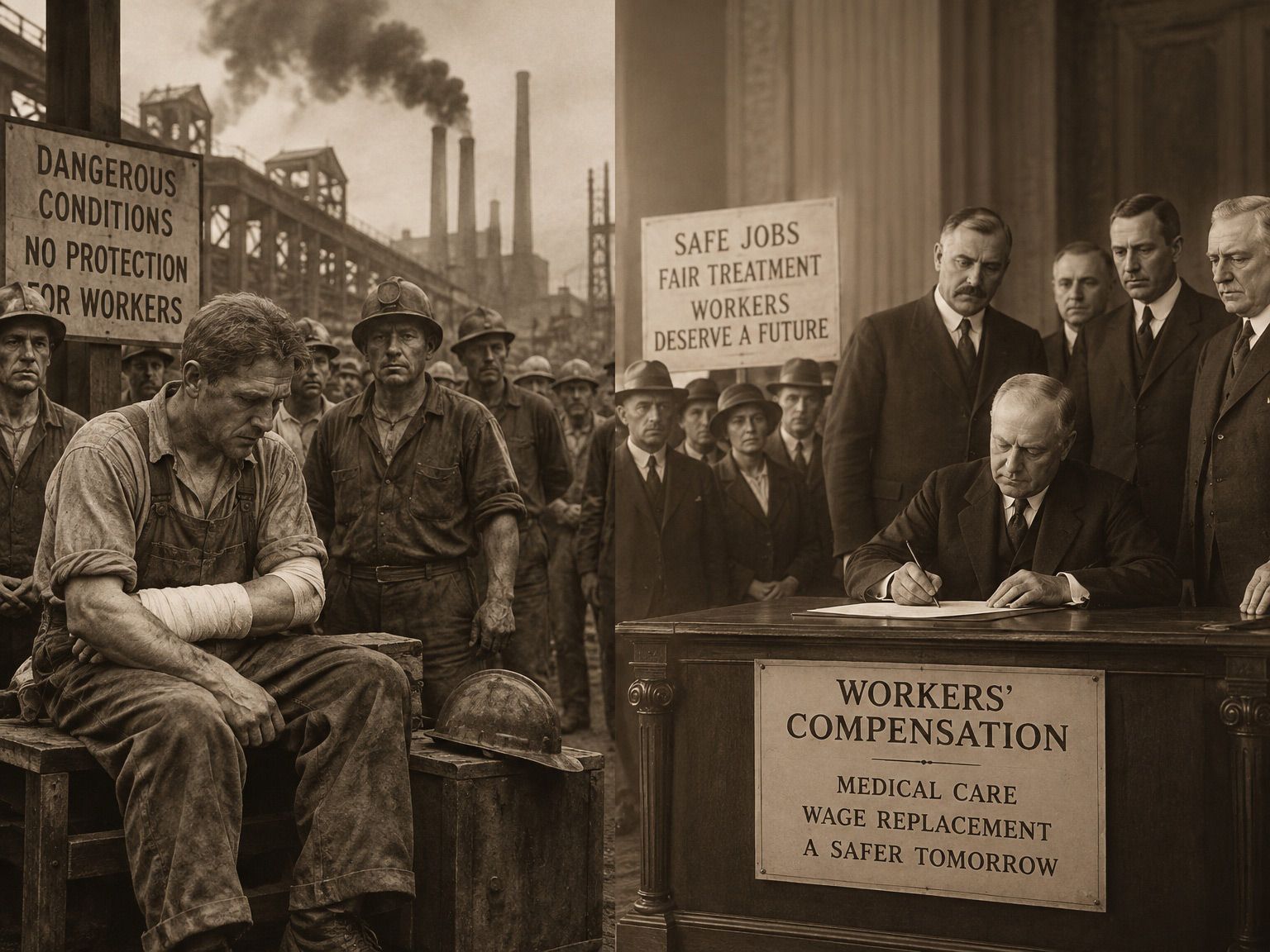The History of Workers' Compensation is shown in a scene from the 1900s.