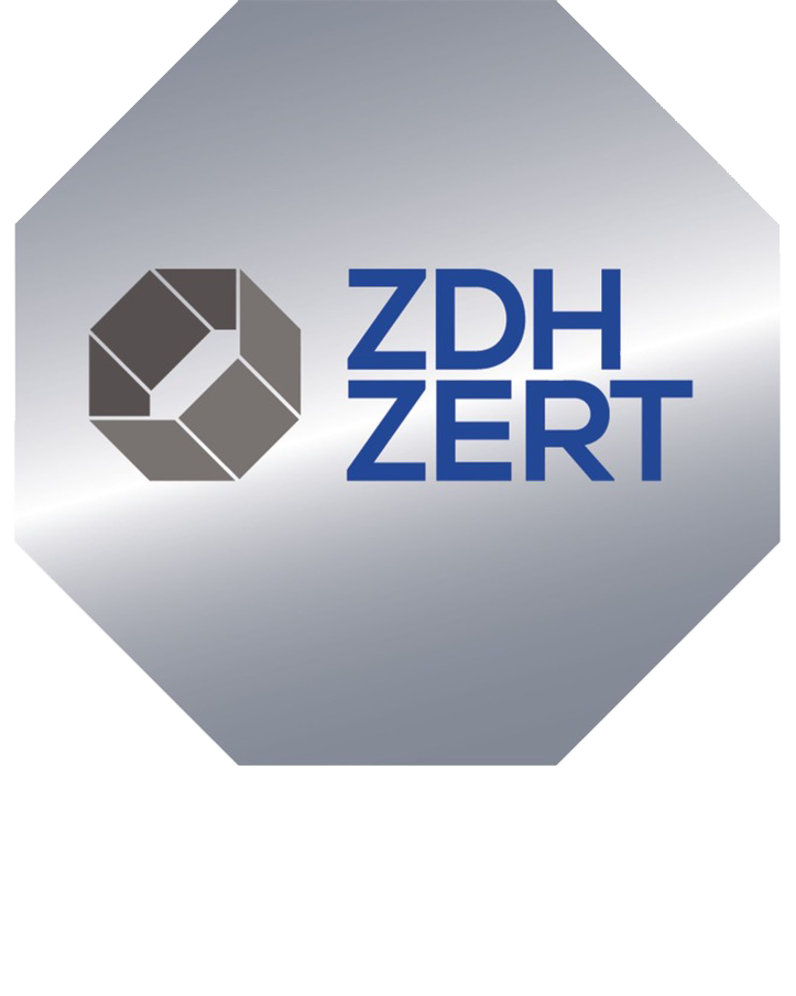 Ein zdh zert-Logo auf silbernem Hintergrund