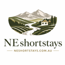 NEshortstays logo with mountain landscape, winding road, and house above the website NEshortstays.com.au