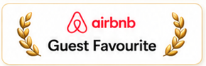 Airbnb Superhost badge with red logo and five gold stars
