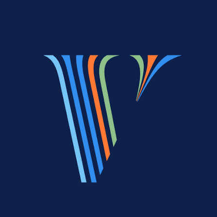 Stylized multicolor letter V logo on a dark blue background