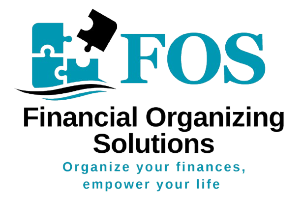 FOS Financial Organizing Solutions logo with teal puzzle pieces and tagline &ldquo;Organize your finances, empower your life.&rdquo;