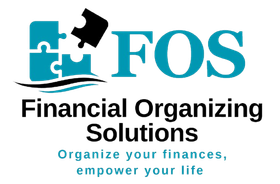 FOS Financial Organizing Solutions logo with teal puzzle pieces and tagline &ldquo;Organize your finances, empower your life.&rdquo;