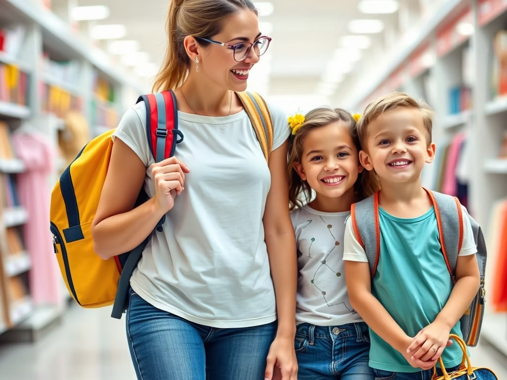 Adult and two children smiling in a store aisle, carrying backpacks and standing together