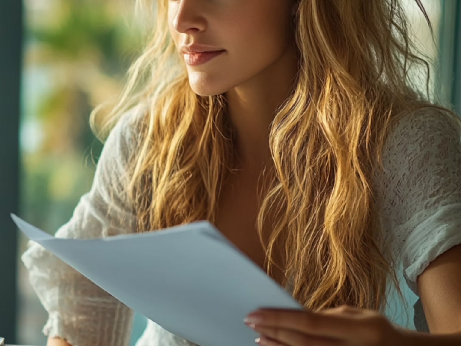 Woman holding papers by a window in soft natural light