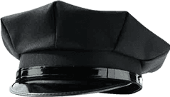 Cappello da poliziotto nero con visiera lucida in pelle verniciata.
