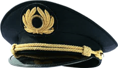 Cappello da pilota blu scuro con stemma dorato e dettaglio in corda.