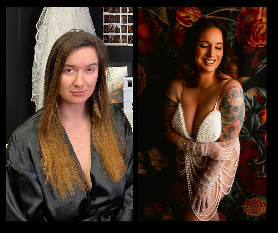 A before and after photo of a woman in a black robe and a woman in a white dress.