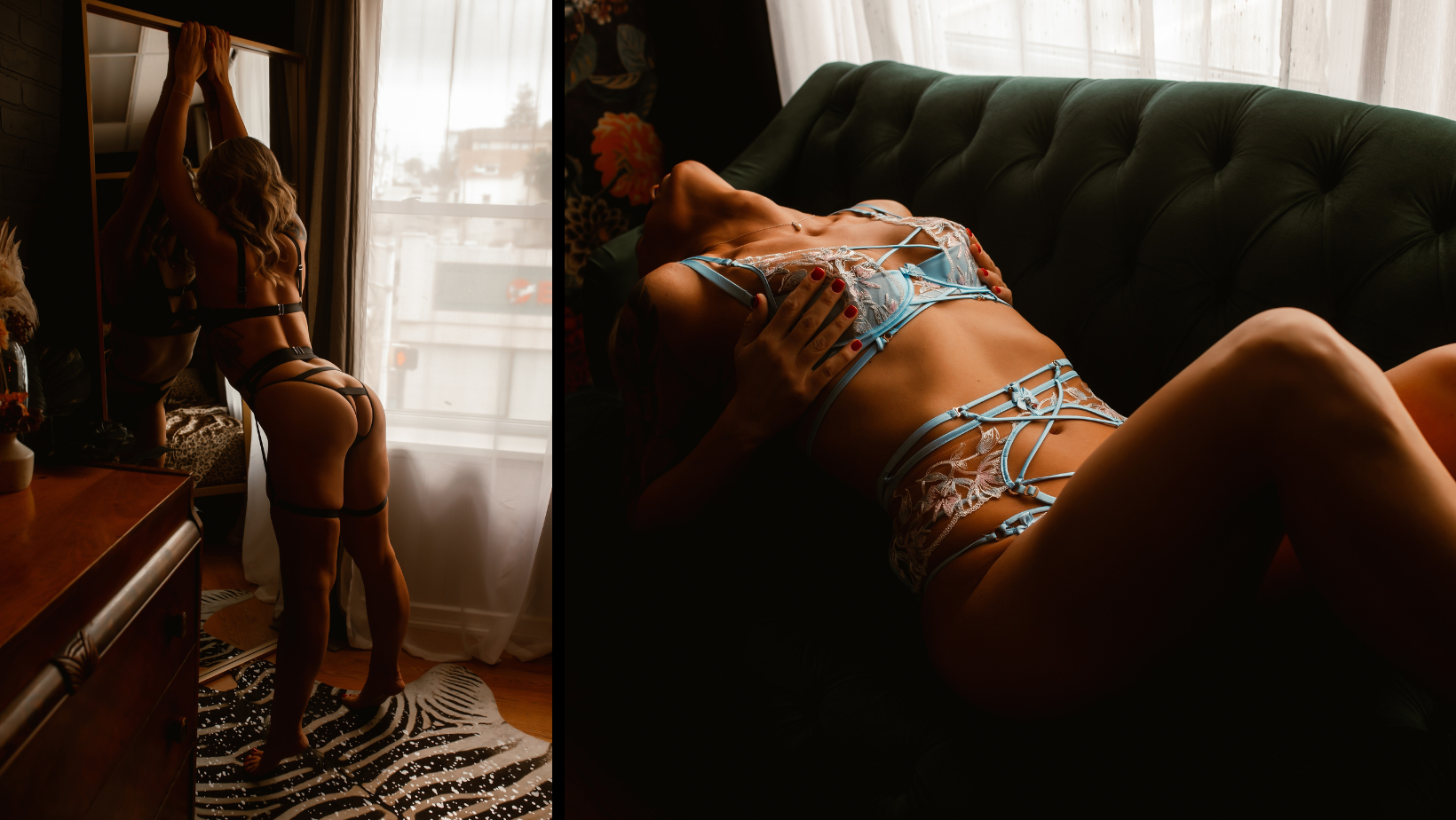 A woman in lingerie is standing in front of a mirror and laying on a couch.