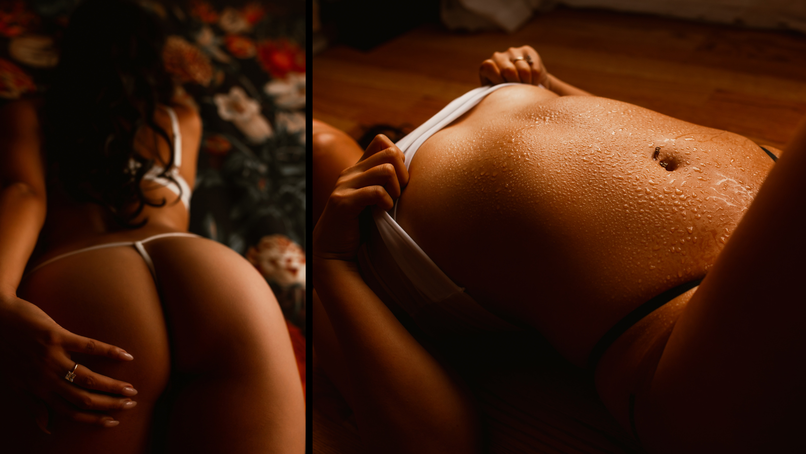 Close-up of a person lying on warm-lit bedding, hands resting near their torso, in a split-screen composition