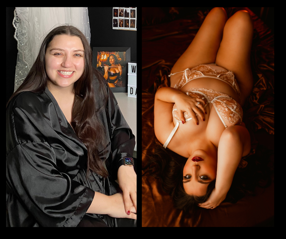 A before and after photo of a woman in a robe and lingerie