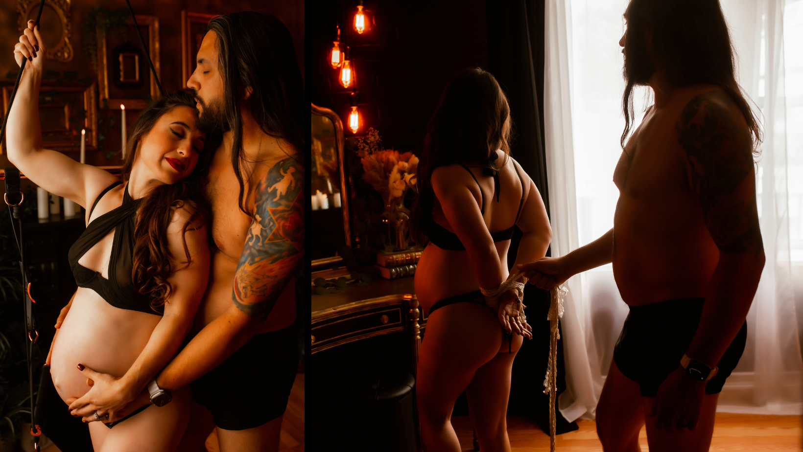 Dimly lit indoor photos of a tattooed couple embracing near a bar with warm hanging lights.