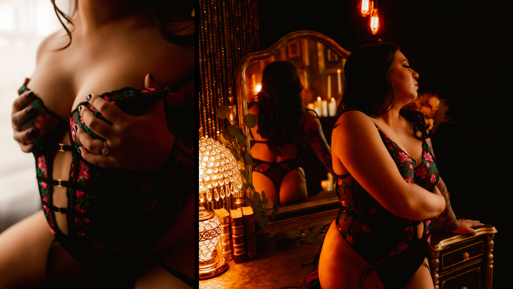 Woman in black lingerie posing in a warm, dimly lit room with ornate decor and mirrors