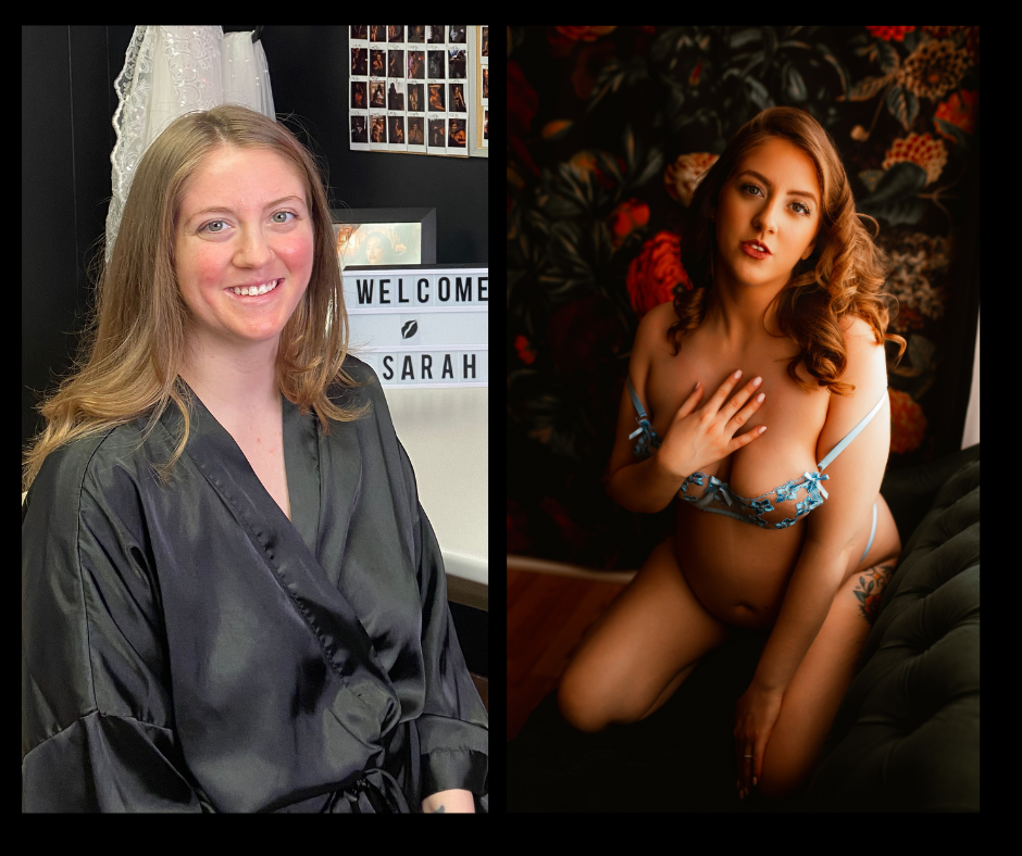 A before and after photo of a woman in a robe and lingerie.