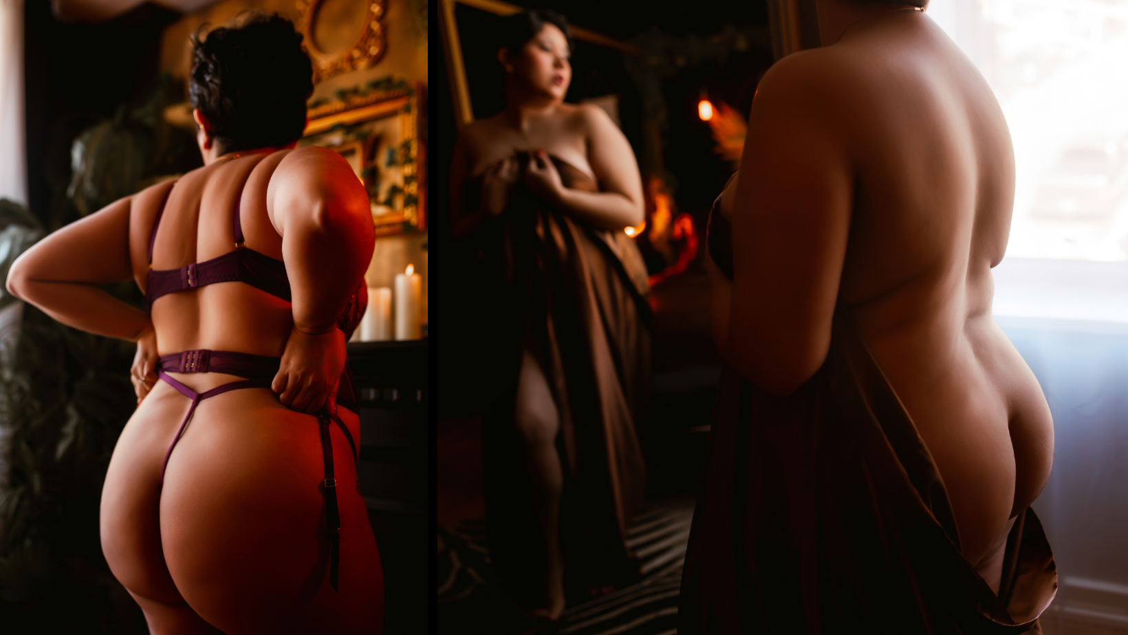 Three people in dark lingerie posing in a dimly lit room, with warm and cool lighting contrasts.