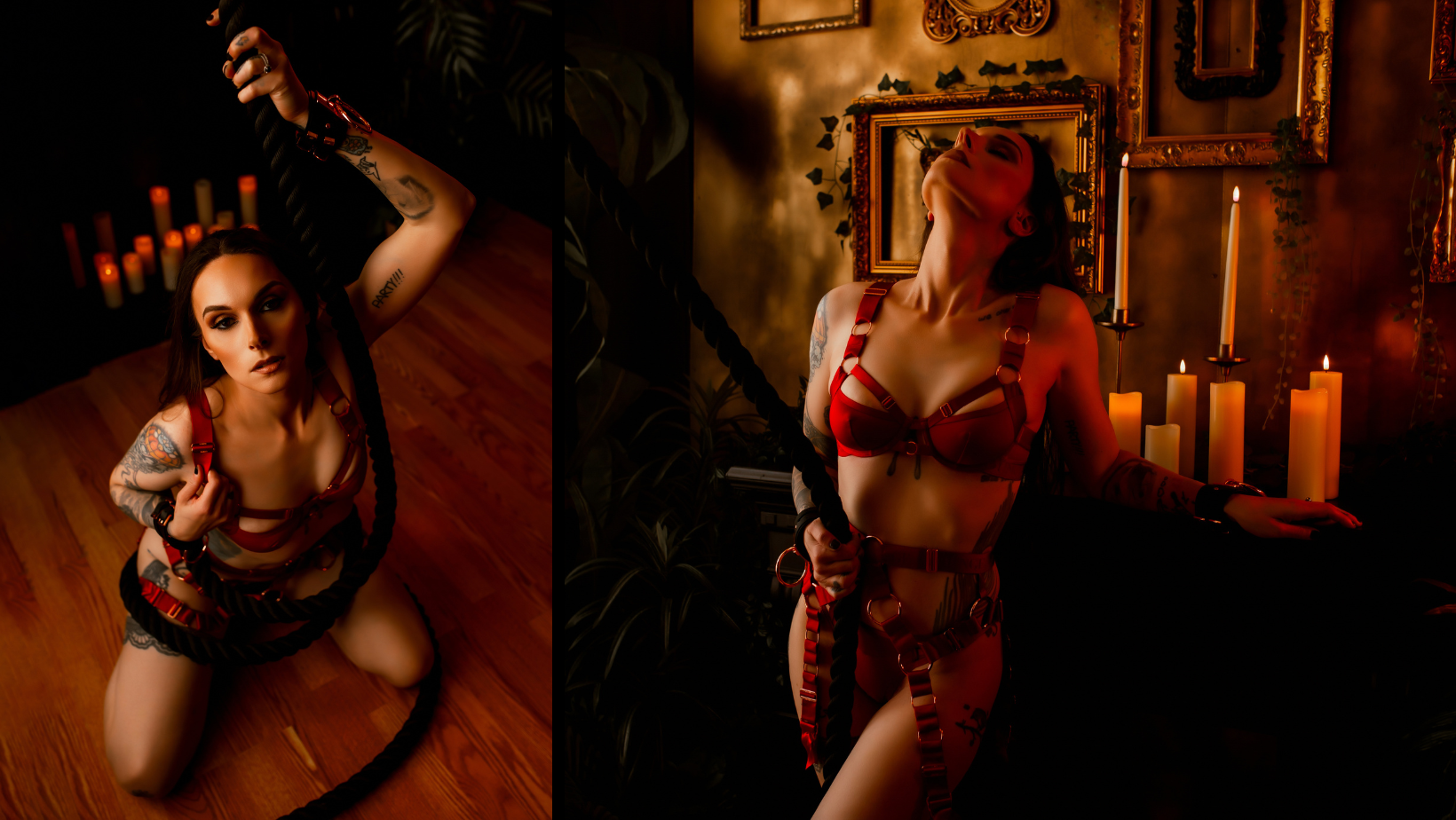 A woman is kneeling down with a snake around her neck.