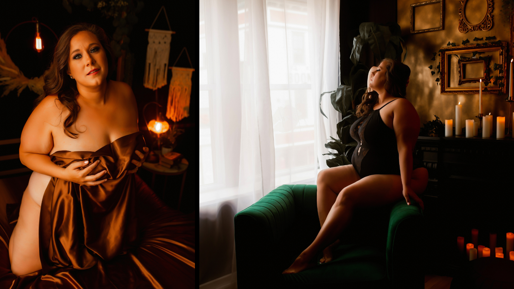 A woman is sitting on a green couch in a room with candles.