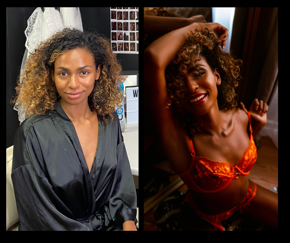 A before and after photo of a woman with curly hair
