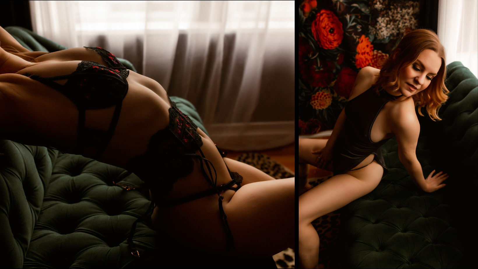 Woman in black lingerie posing on a green velvet sofa by a window with floral decor.