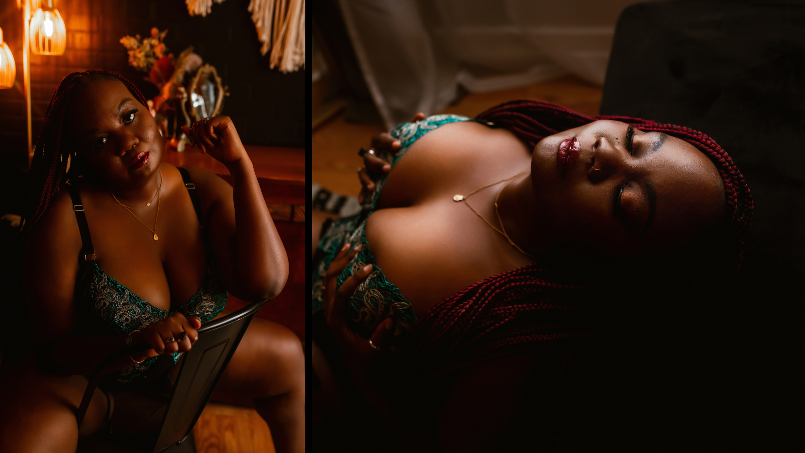 A woman in lingerie is laying on the floor and looking at herself in a mirror.