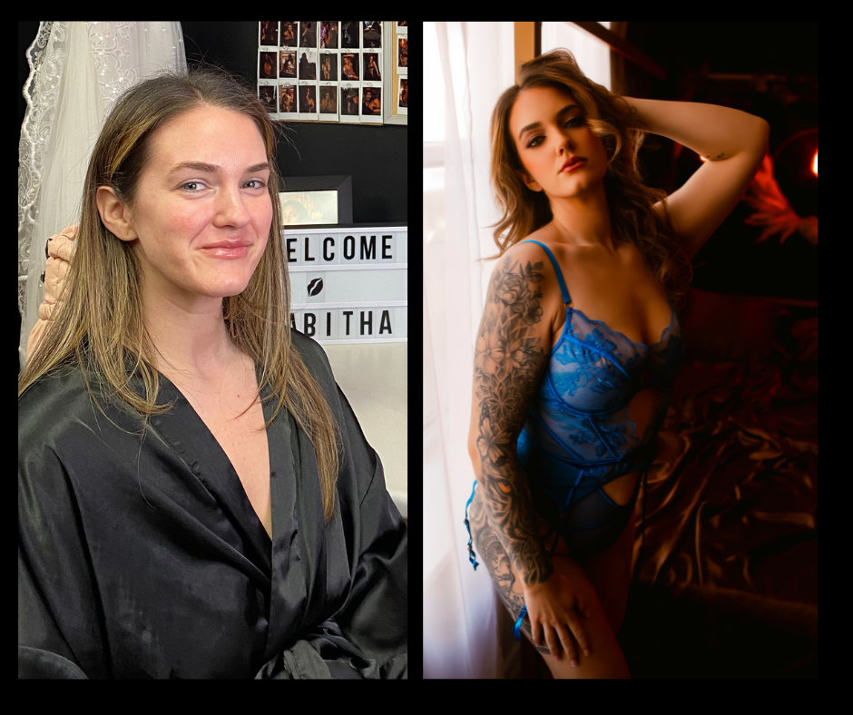 A before and after photo of a woman in a robe and lingerie.