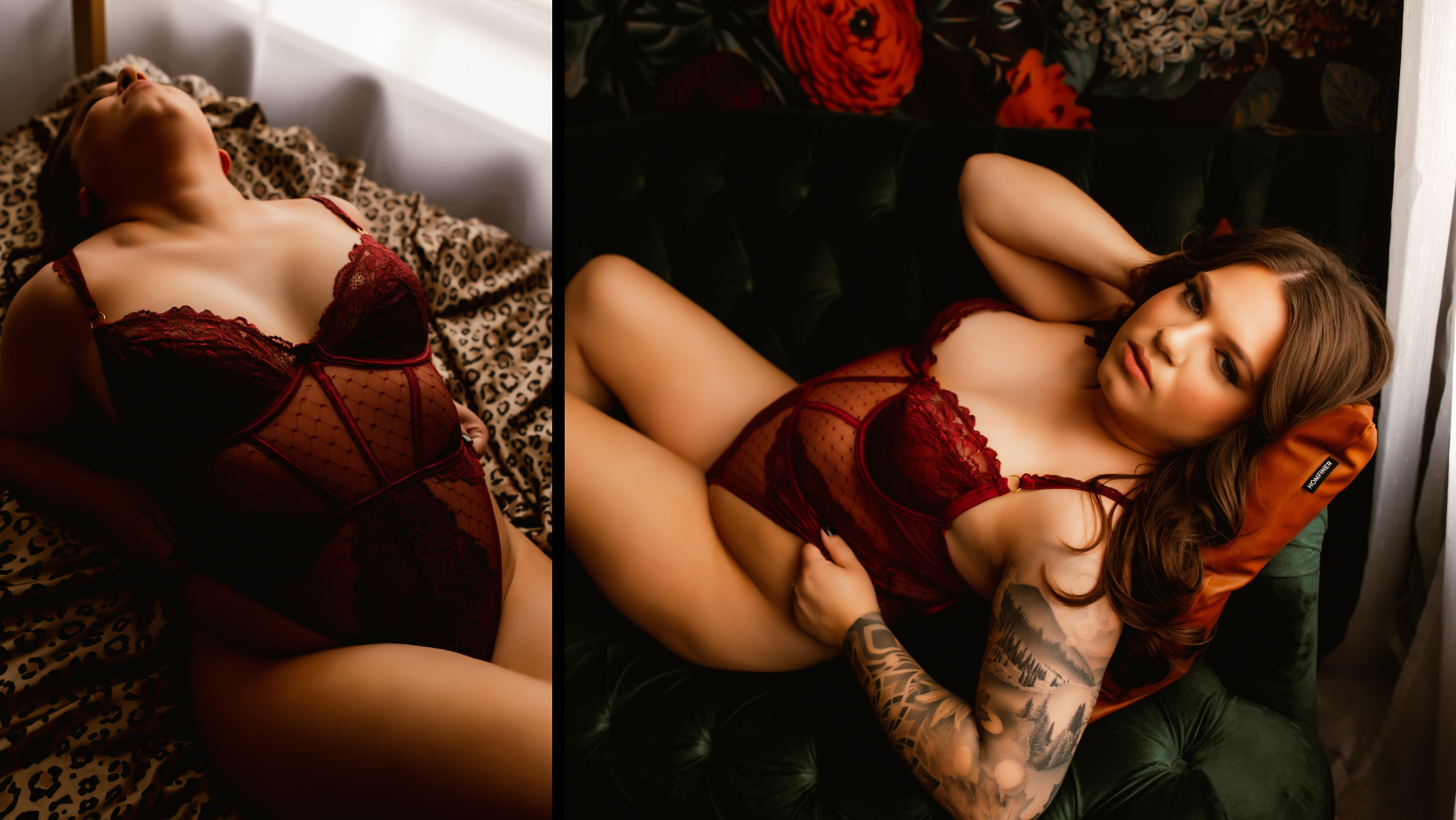 A woman in a red bodysuit is laying on a bed.