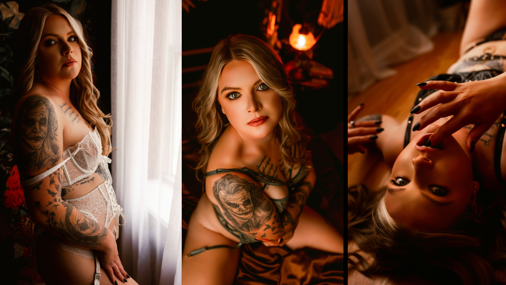 A collage of three photos of a woman in lingerie with tattoos.