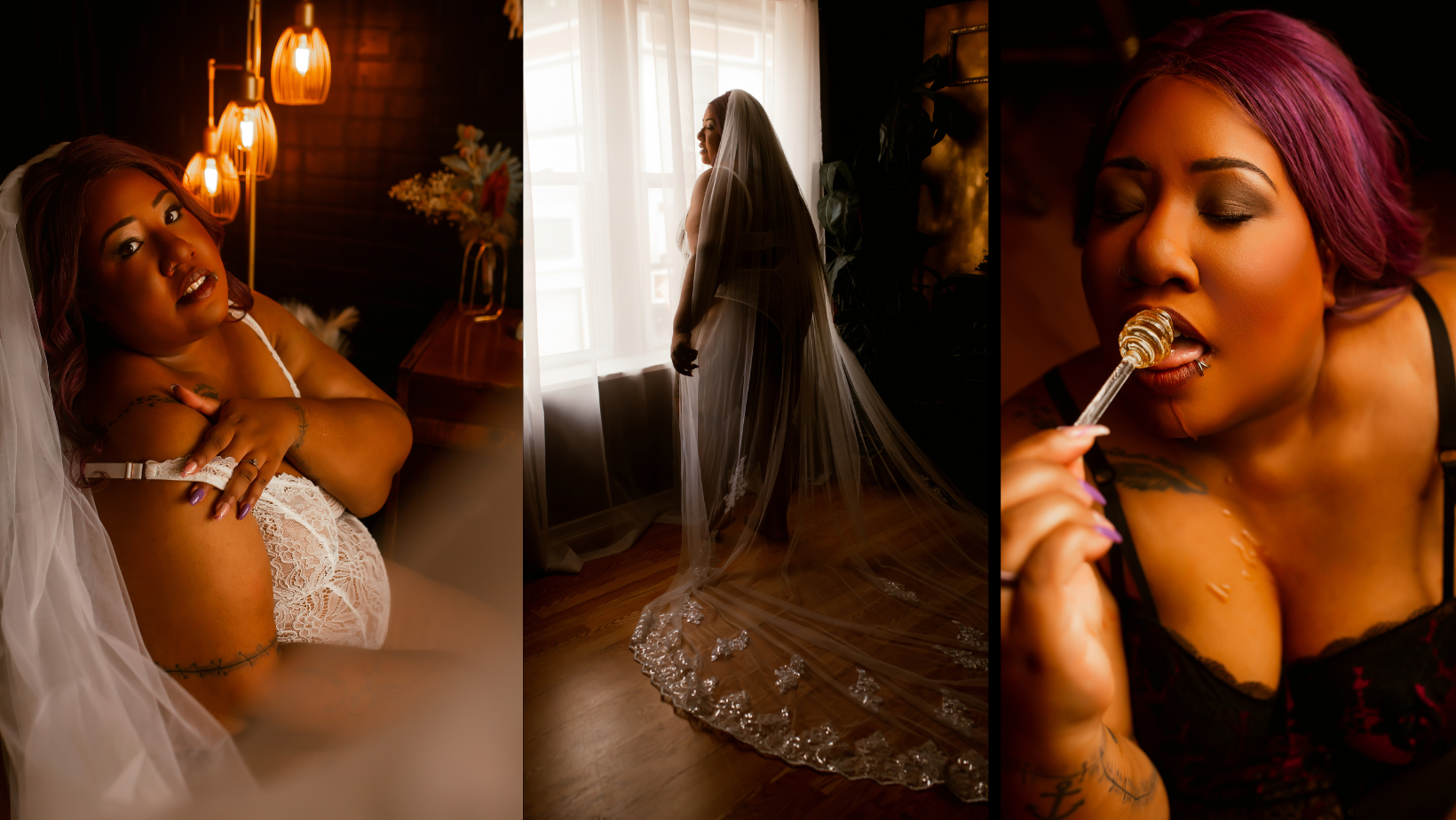A woman in a wedding dress is eating a lollipop.
