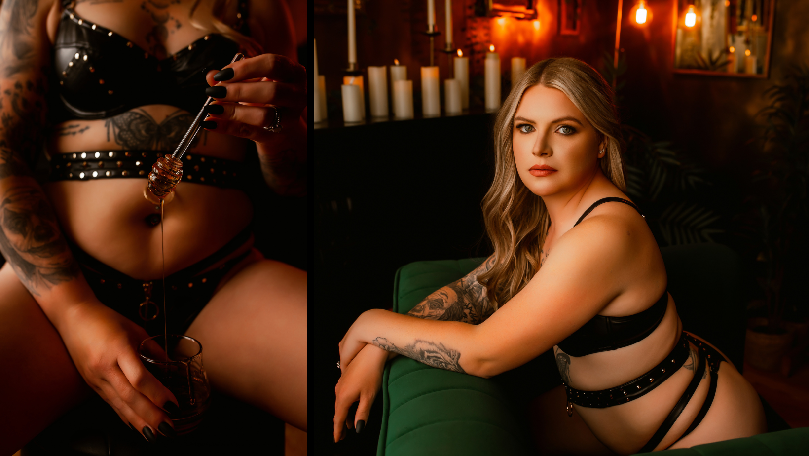 A woman in lingerie is sitting on a green couch and holding a key.