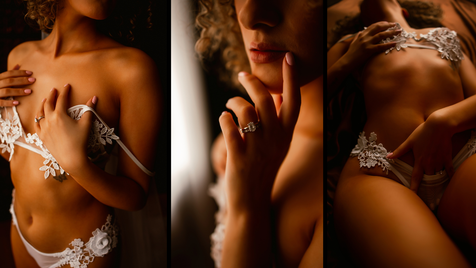 Artistic collage of a person posing in delicate white lingerie with warm, moody lighting