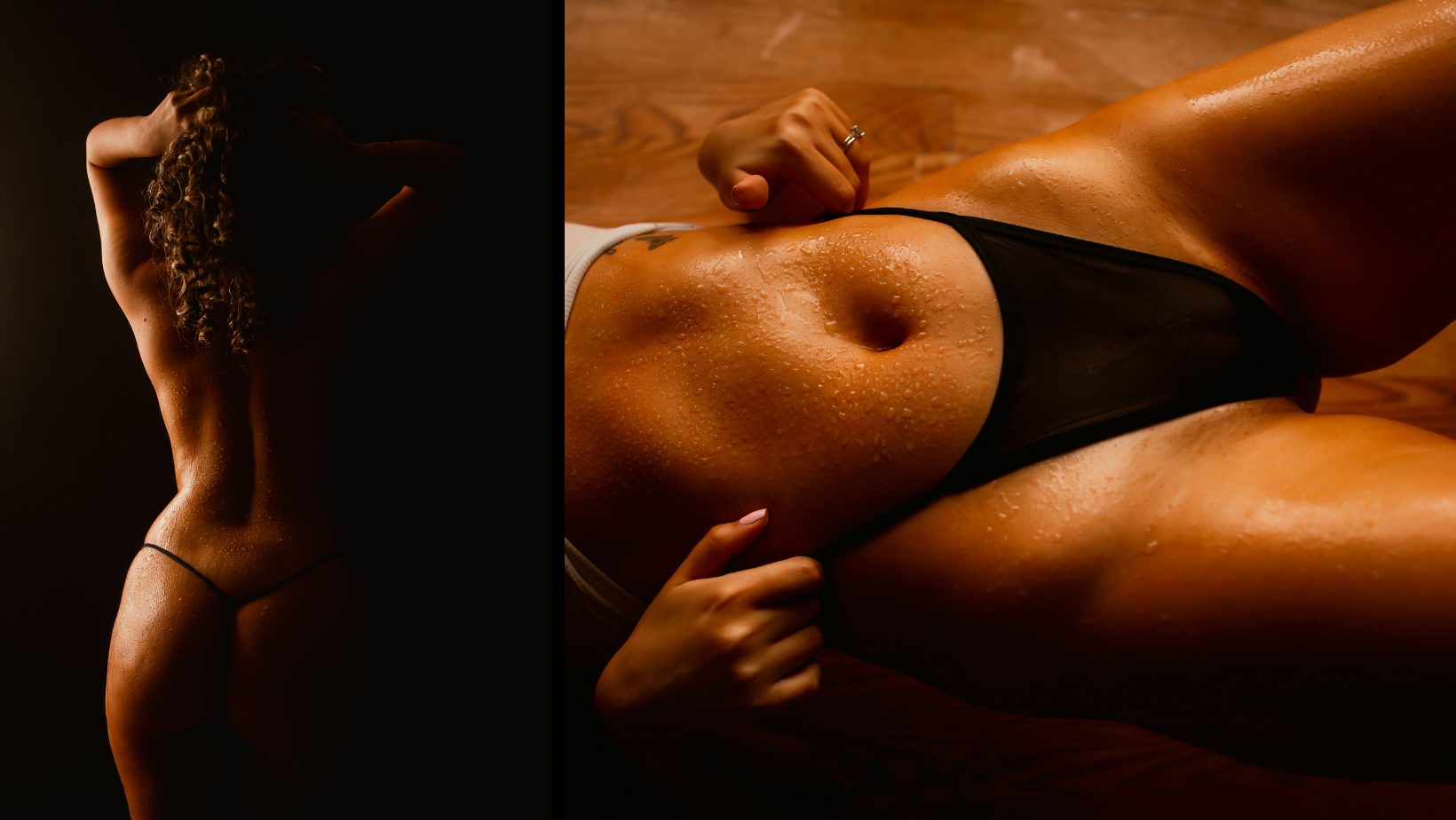 Two-panel sensual portrait of a person posing in low light, wearing black underwear.