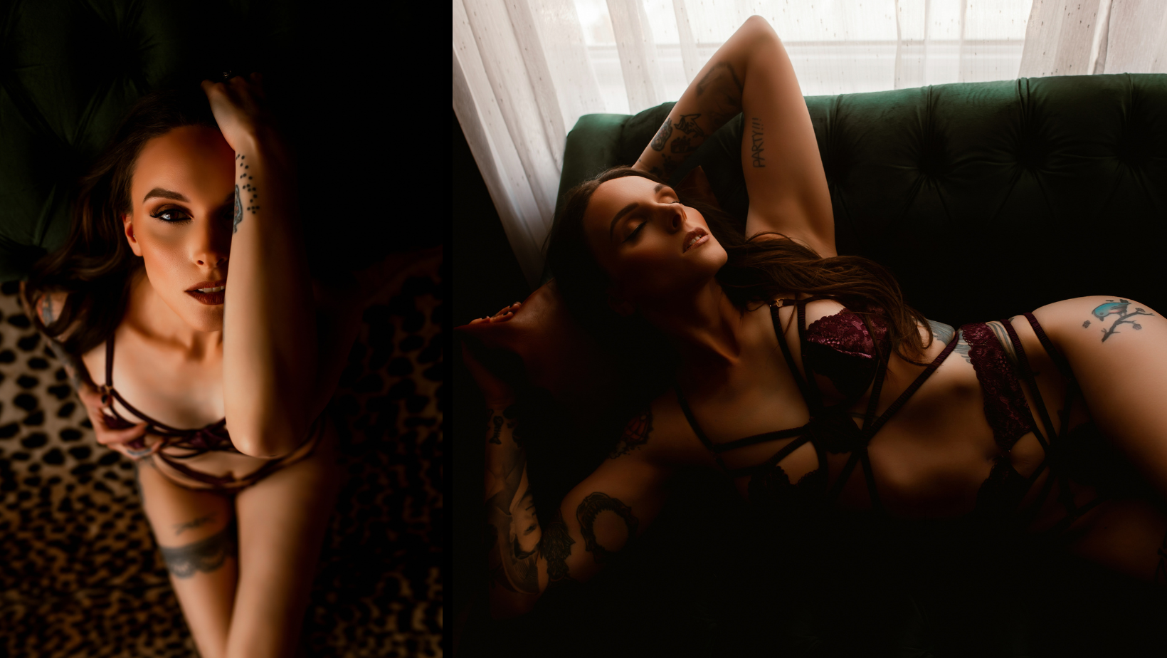 Woman reclining on a dark couch in lingerie by a window, with soft light and shadow.