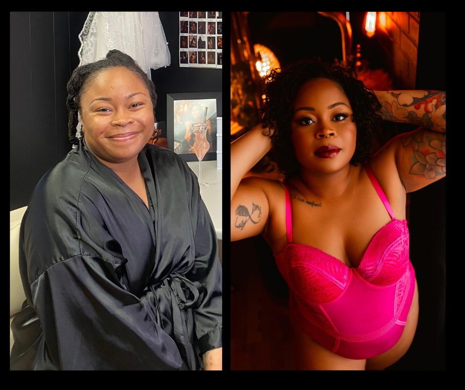 A woman in a robe and a woman in a pink bra