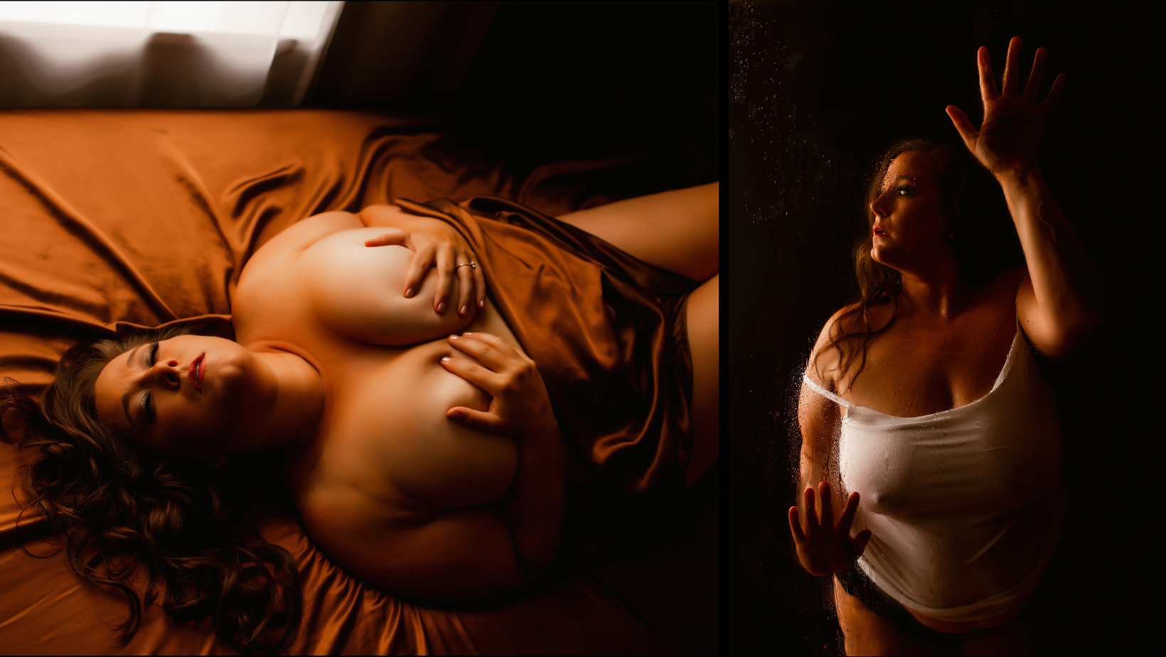 Two warm-toned portraits of a reclining and standing person in dramatic low light, one with an arm raised.