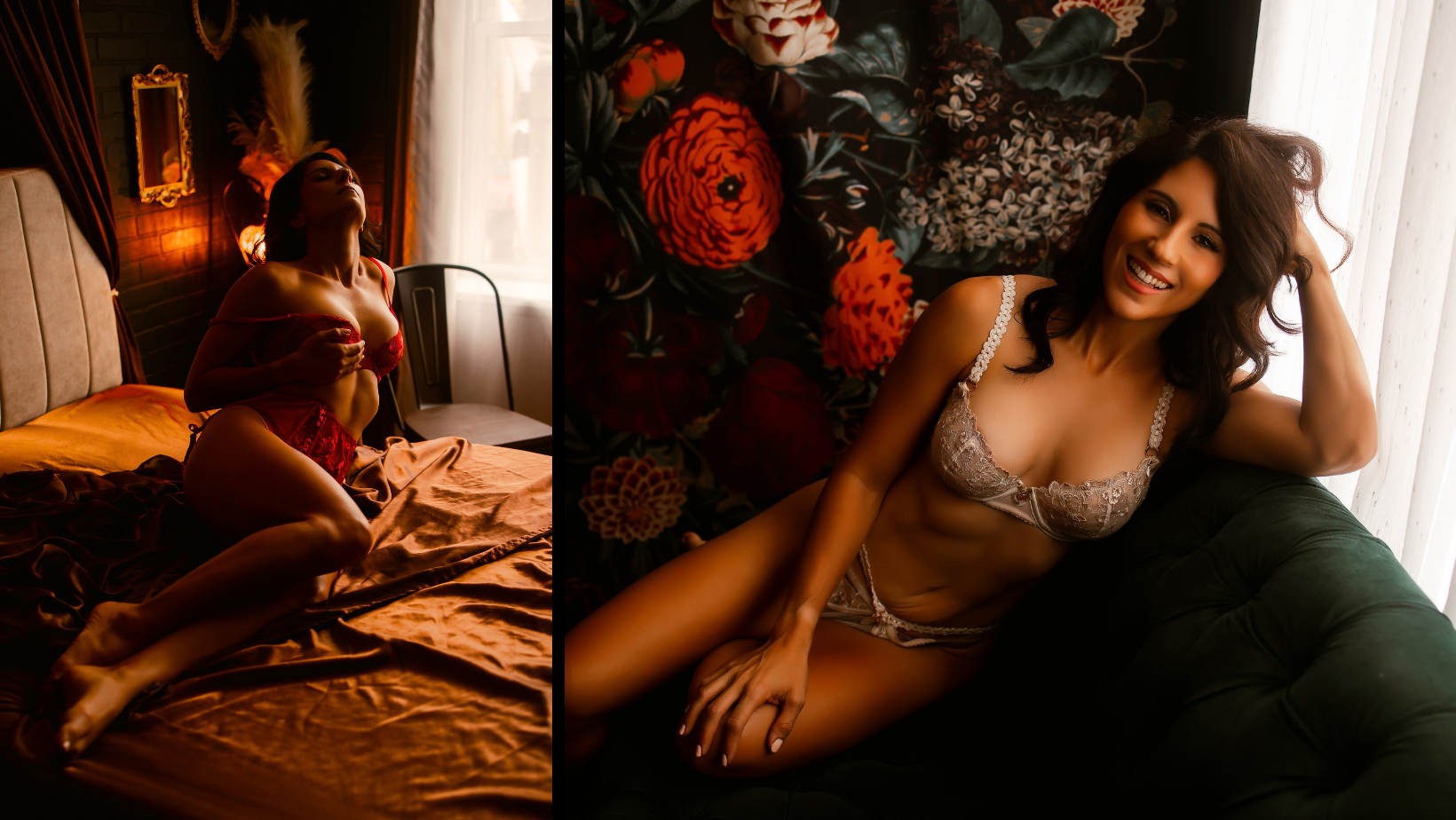 Dimly lit boudoir portrait of a woman reclining on a bed in warm orange light beside floral wall art.