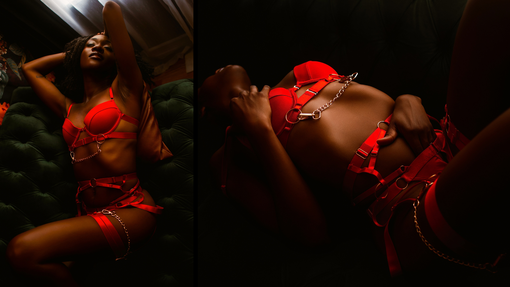 Woman in red lingerie posing on a couch in a dark, dramatic setting