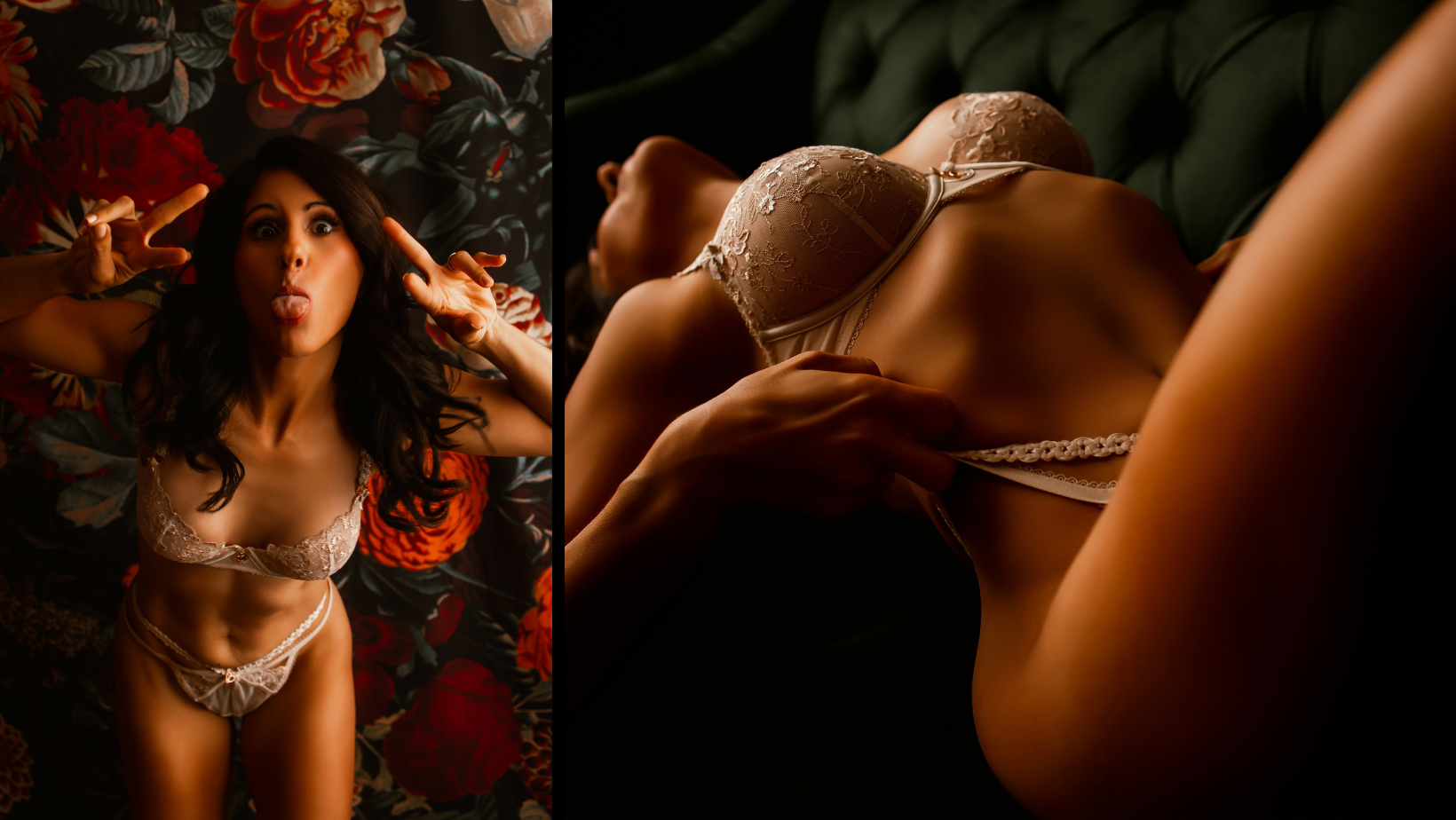 Woman in lingerie reclining on floral bedding in warm, dim lighting.