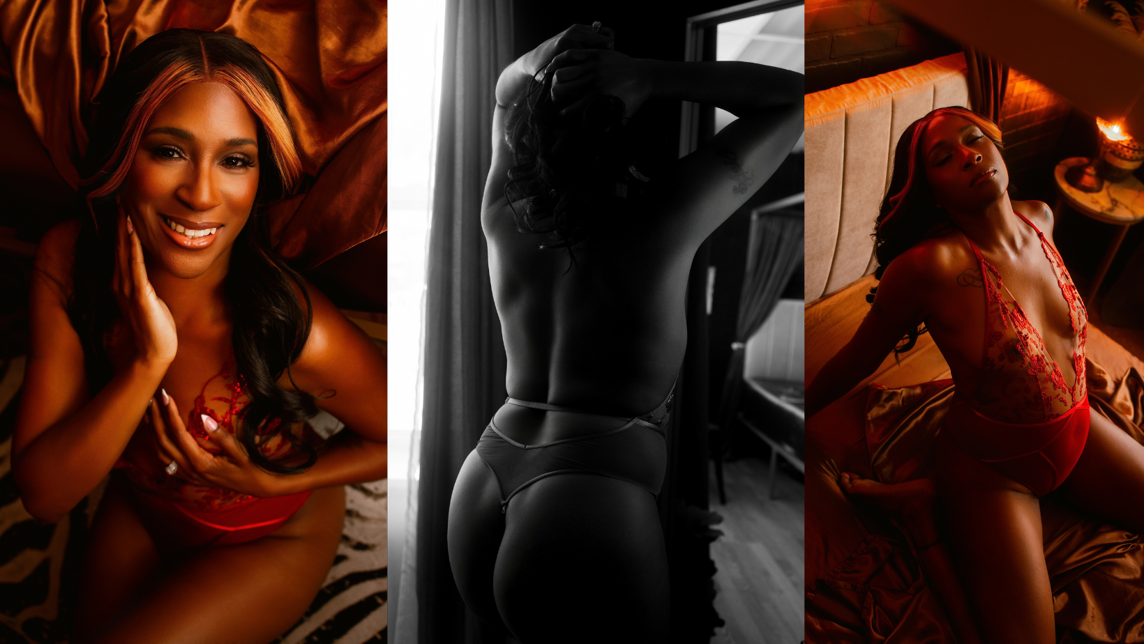Three stylized portraits in red and black lighting, including a smiling woman and two posed figures.