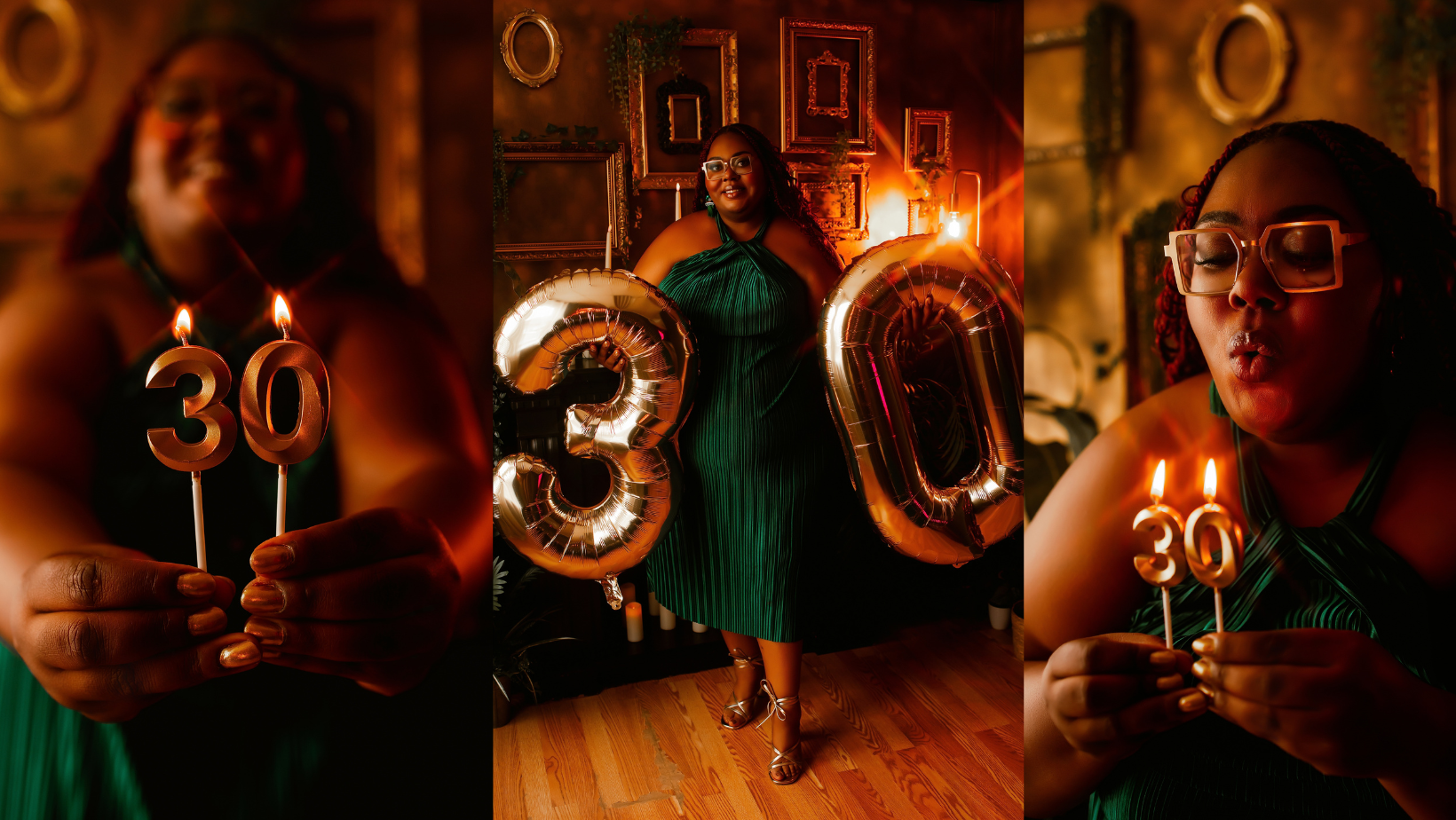 Three-panel collage of a woman holding gold “30” balloons in a warm, dimly lit room.