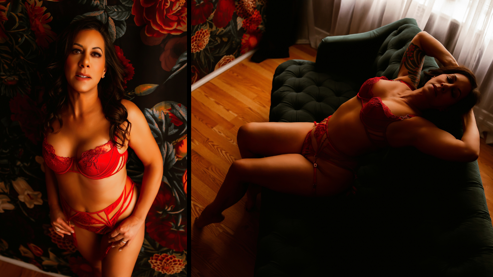 Two-panel photo of a woman posing in red lingerie, and reclining on a dark sofa in warm, low light