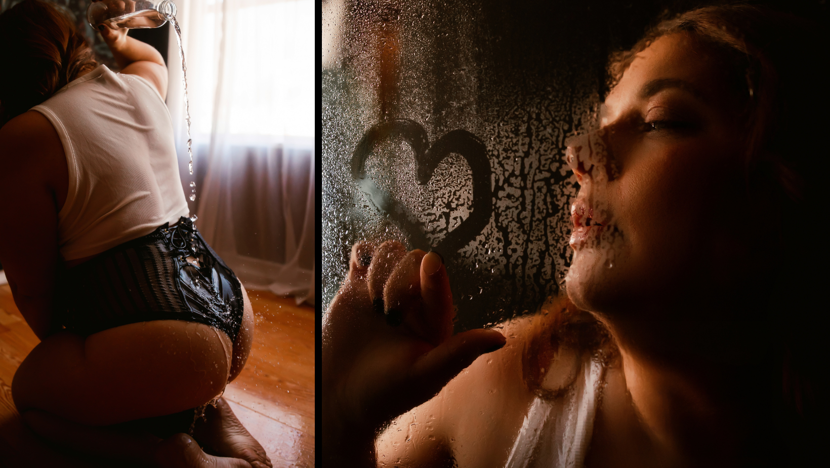 Two-panel portrait of a woman by a window, with sheer curtains and heart shapes drawn on a foggy pane