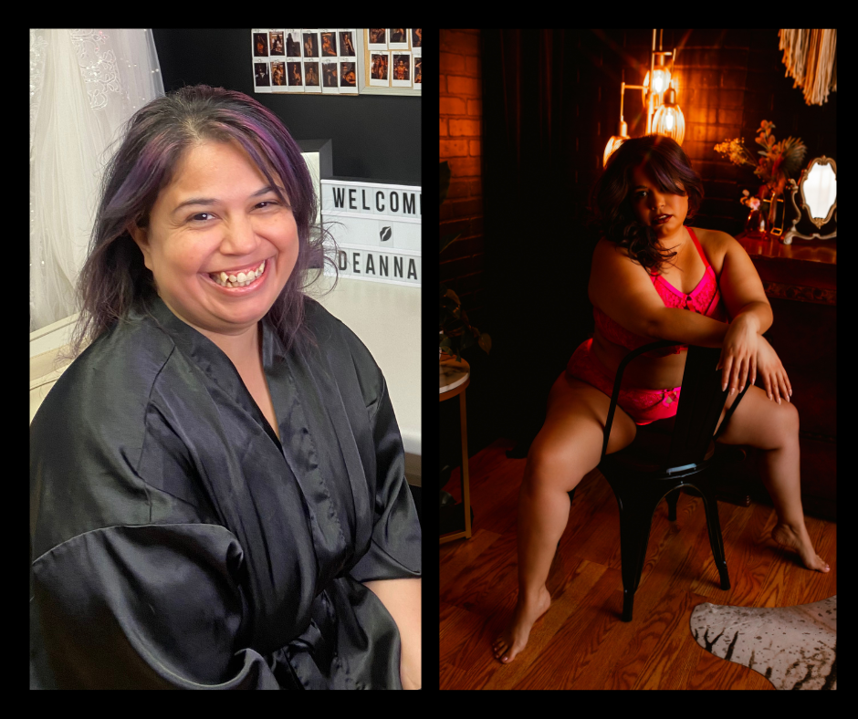 A before and after photo of a woman in a robe and lingerie