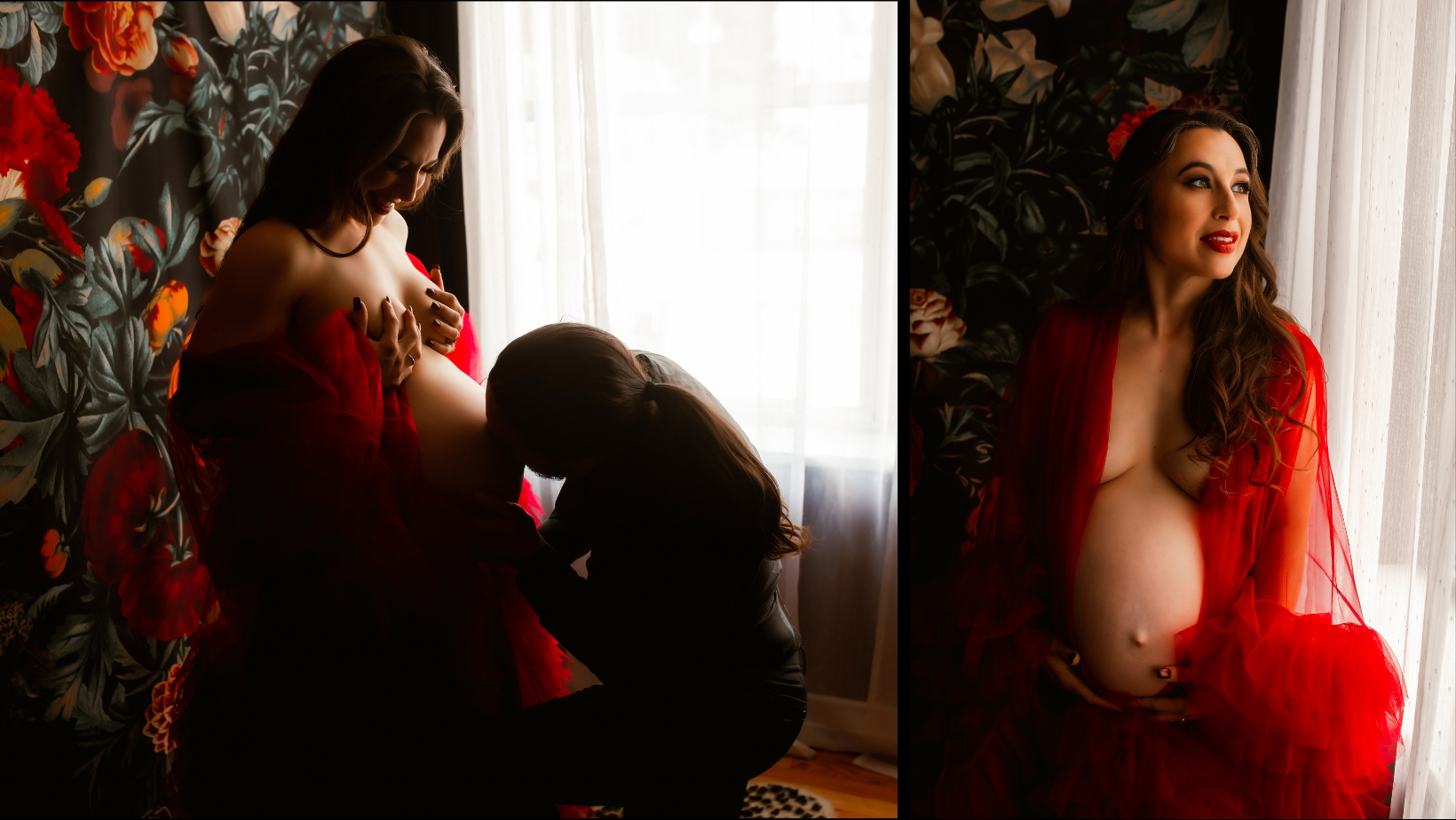 A pregnant woman in a red dress is sitting in front of a window.