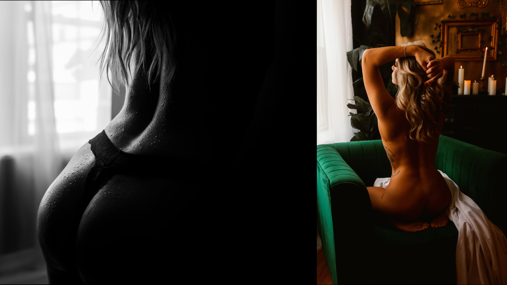Split image: black-and-white silhouette by a window, and a warm-lit woman reclining on a sofa.