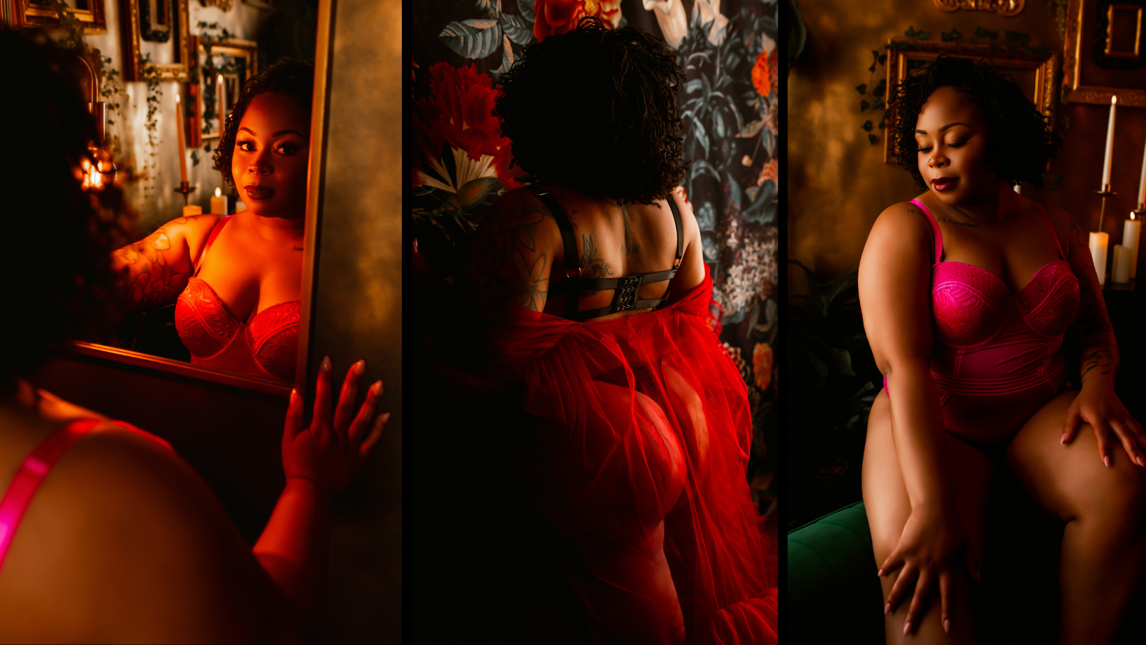 A woman in lingerie is standing in front of a mirror.