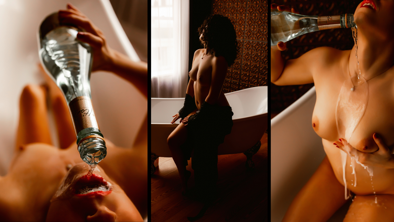 Three-panel close-ups of a person in lingerie holding a bottle, lit in warm indoor light.