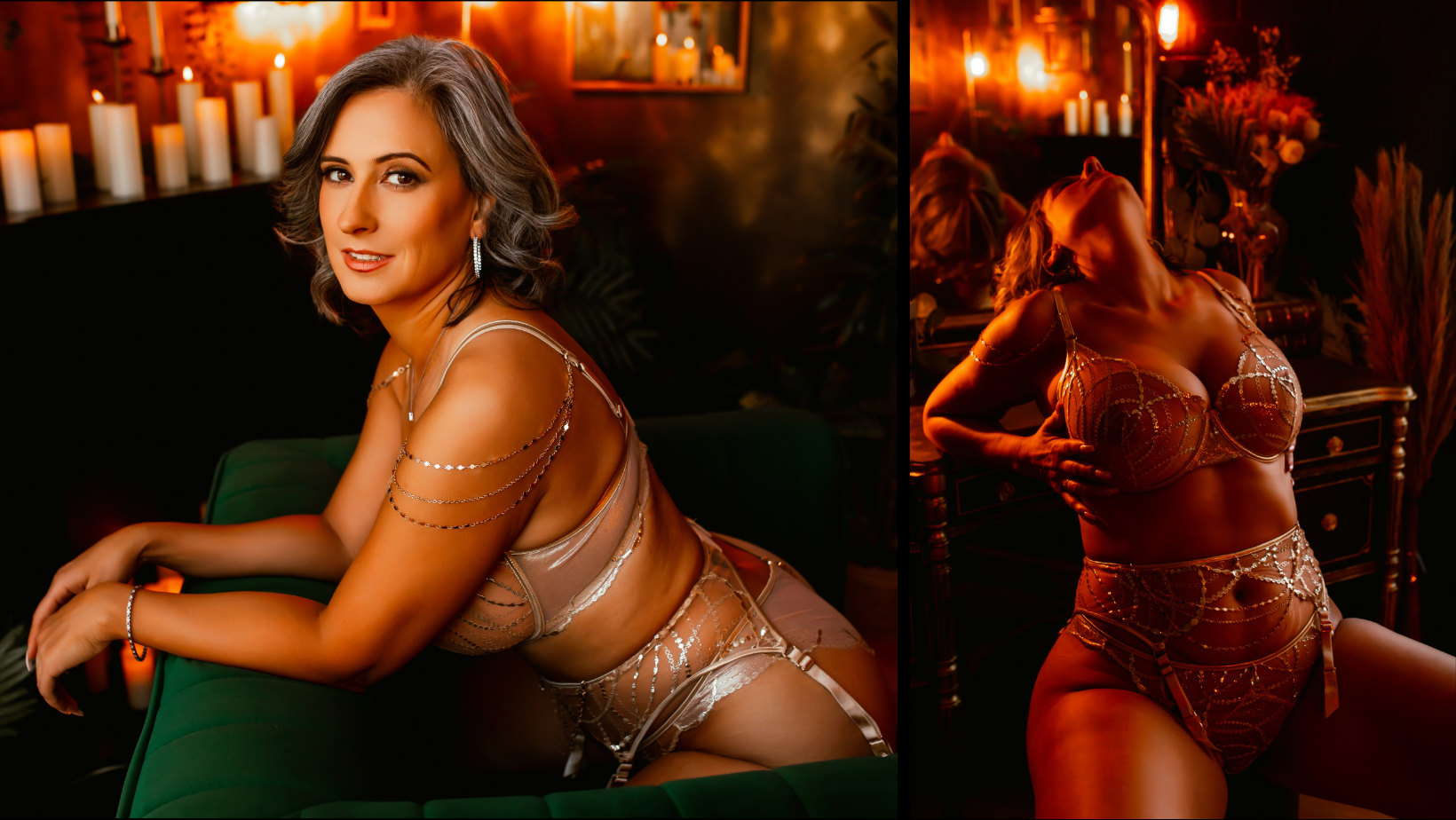 A woman in lingerie is sitting on a green couch.